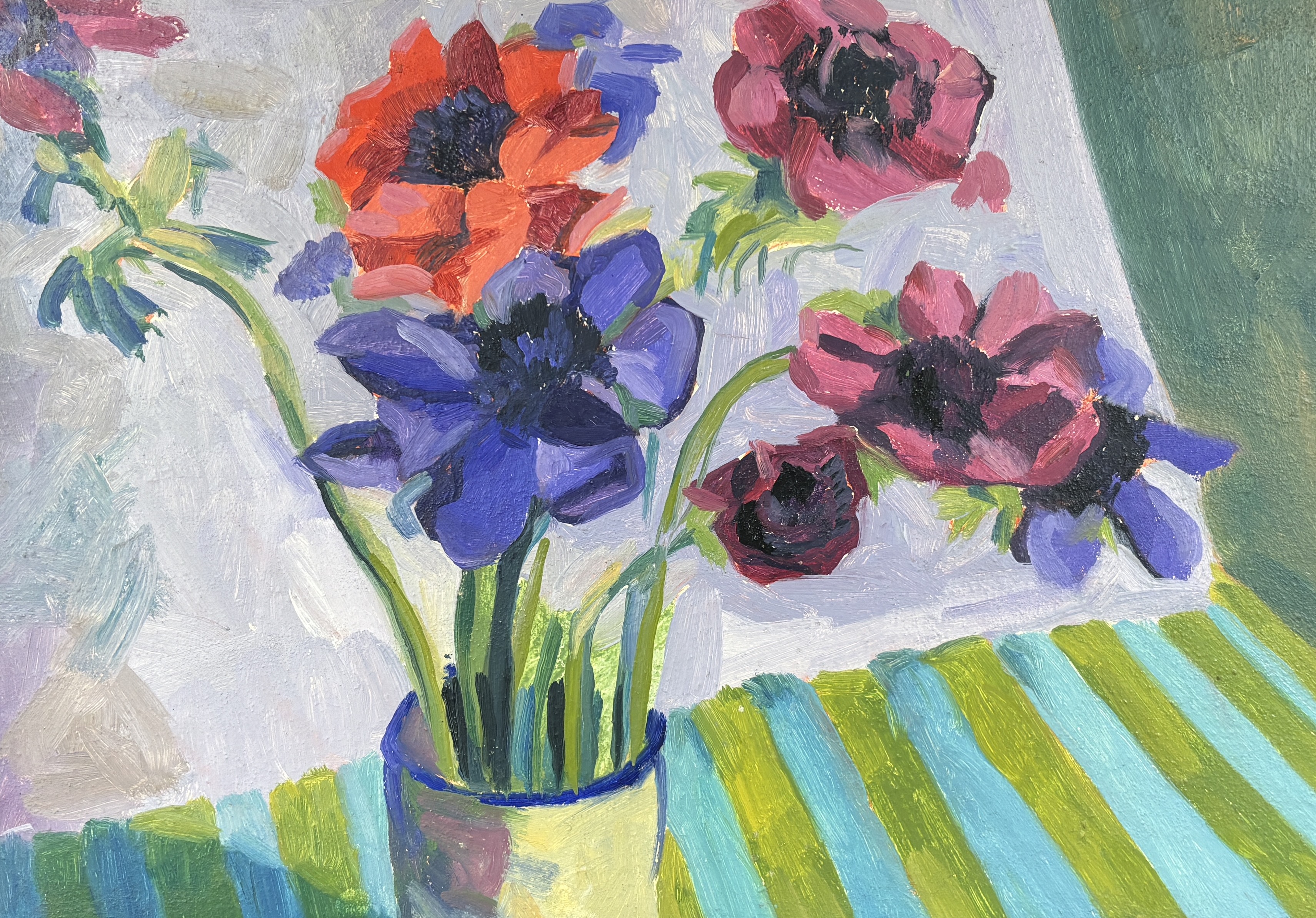 Sue Campion (b.1944), contemporary oil on canvas laid on board, 'Anemones', unsigned, inscribed verso, 28 x 40cm